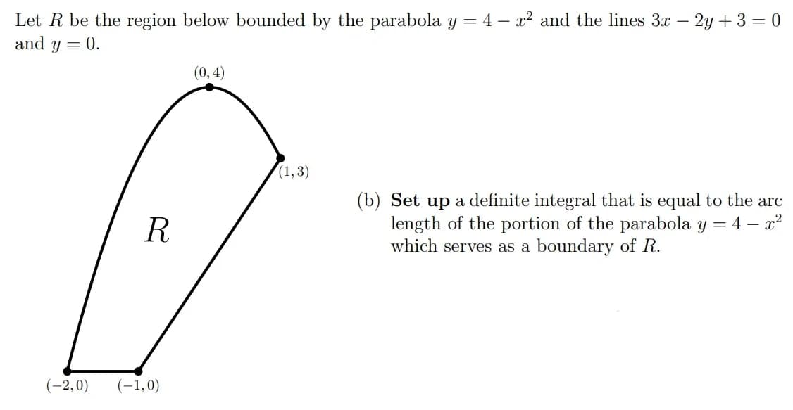 -
Let R be the region below bounded by the parabola y = 4 − x² and the lines 3x – 2y + 3 = 0
and y = 0.
(0,4)
(1,3)
R
(b) Set up a definite integral that is equal to the arc
length of the portion of the parabola y = 4 - x²
which serves as a boundary of R.
(-2,0) (-1,0)