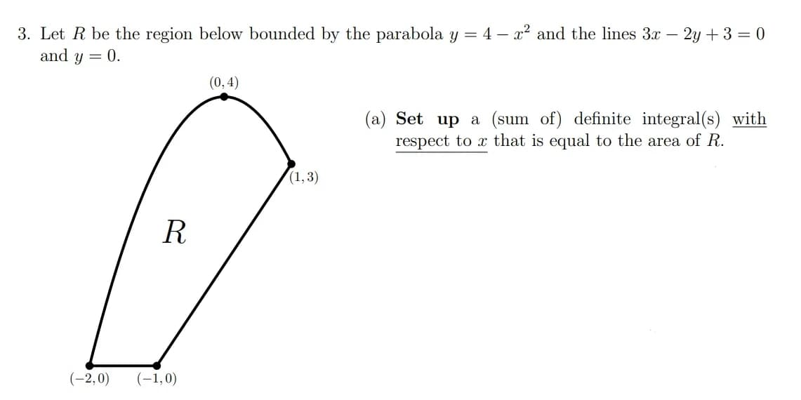 3. Let R be the region below bounded by the parabola y = 4 – x² and the lines 3x - 2y + 3 = 0
and y = 0.
(0,4)
(a) Set up a (sum of) definite integral(s) with
respect to x that is equal to the area of R.
R
(-2,0)
(-1,0)
(1,3)