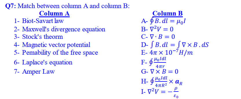 Q7: Match between column A and column B:
Column A
1- Biot-Savart law
Column B
A- §B. dl = µol
B- V²V = 0
C- V · B = 0
D- S B.dl = [ V × B . dS
E- 4n x 10-7H/m
2- Maxwell's divergence equation
3- Stock's theorm
%3D
4- Magnetic vector potential
5- Pemability of the free space
6- Laplace's equation
F- 64oldi
G- Vx B = 0
4π
7- Amper Law
H- $4oldi
x ar
4TR2
I- V²V =
