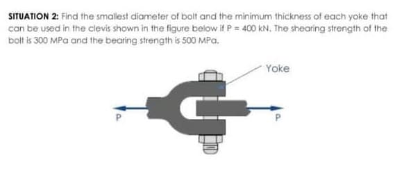 SITUATION 2: Find the smallest diameter of bolt and the minimum thickness of each yoke that
can be used in the clevis shown in the figure below if P = 400 KN. The shearing strength of the
bolt is 300 MPa and the bearing strength is 500 MPa.
€
Yoke