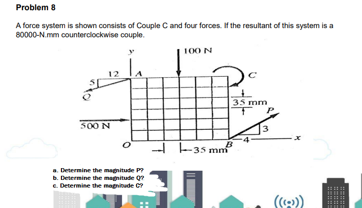 Problem 8
A force system is shown consists of Couple C and four forces. If the resultant of this system is a
80000-N.mm counterclockwise couple.
100 N
12
35 mm
500 N
3
4
B
-35 mm
a. Determine the magnitude P?
b. Determine the magnitude Q?
c. Determine the magnitude C?
