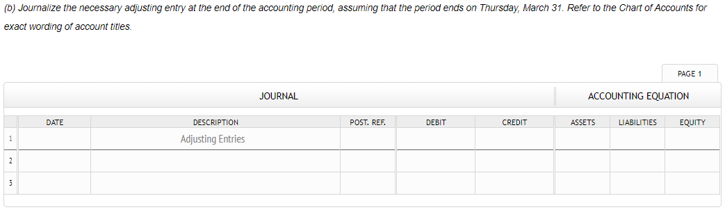 (b) Journalize the necessary adjusting entry at the end of the accounting period, assuming that the period ends on Thursday, March 31. Refer to the Chart of Accounts for
exact wording of account titles.
PAGE 1
JOURNAL
ACCOUNTING EQUATION
DATE
DESCRIPTION
POST. REF.
DEBIT
CREDIT
ASSETS
LIABILITIES
EQUITY
Adjusting Entries
2
3
