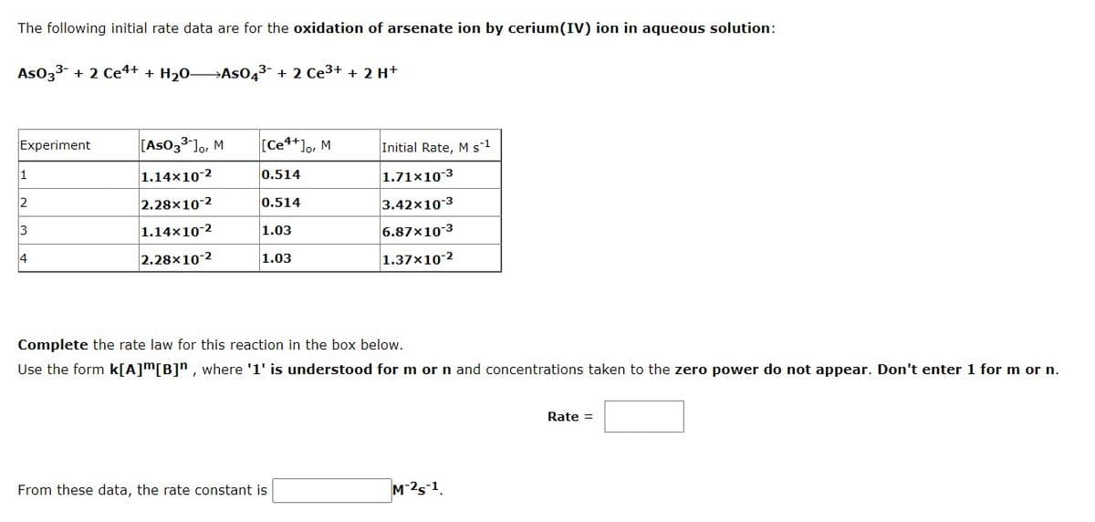 The following initial rate data are for the oxidation of arsenate ion by cerium(IV) ion in aqueous solution:
As033 + 2 Ce4+ + H20→AS043- + 2 Ce3+ + 2 H+
Experiment
[AsO33 ]o, M
[Ce**]o, M
Initial Rate, M s1
1
1.14x10-2
0,514
1.71x10-3
2
2.28×10-2
0.514
3.42x10-3
3
1.14x10-2
1.03
6.87x10-3
4
2.28×10-2
1.03
1.37x10-2
Complete the rate law for this reaction in the box below.
Use the form k[A]m[B]n , where '1' is understood for m or n and concentrations taken to the zero power do not appear. Don't enter 1 for m or n.
Rate =
From these data, the rate constant is
M-25-1.
