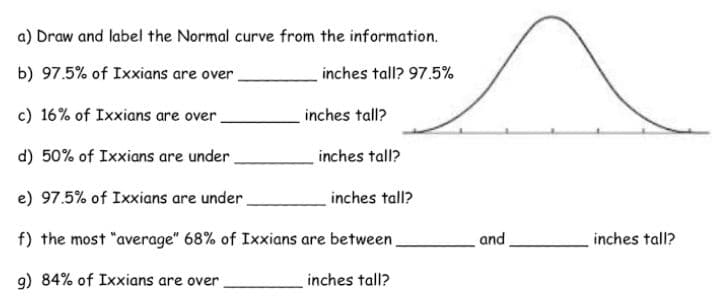 a) Draw and label the Normal curve from the information.
b) 97.5% of Ixxians are over,
inches tall? 97.5%
c) 16% of Ixxians are over
inches tall?
d) 50% of Ixxians are under.
inches tall?
e) 97.5% of Ixxians are under.
inches tall?
f) the most "average" 68% of Ixxians are between.
and
inches tall?
9) 84% of Ixxians are over
inches tall?
