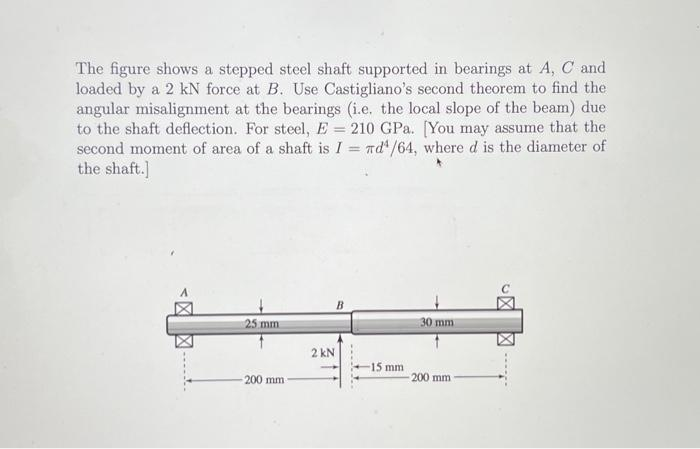 The figure shows a stepped steel shaft supported in bearings at A, C and
loaded by a 2 kN force at B. Use Castigliano's second theorem to find the
angular misalignment at the bearings (i.e. the local slope of the beam) due
to the shaft deflection. For steel, E 210 GPa. [You may assume that the
second moment of area of a shaft is I = Td¹/64, where d is the diameter of
the shaft.]
=
25 mm
200 mm
B
2 kN
15 mm
30 mm
200 mm