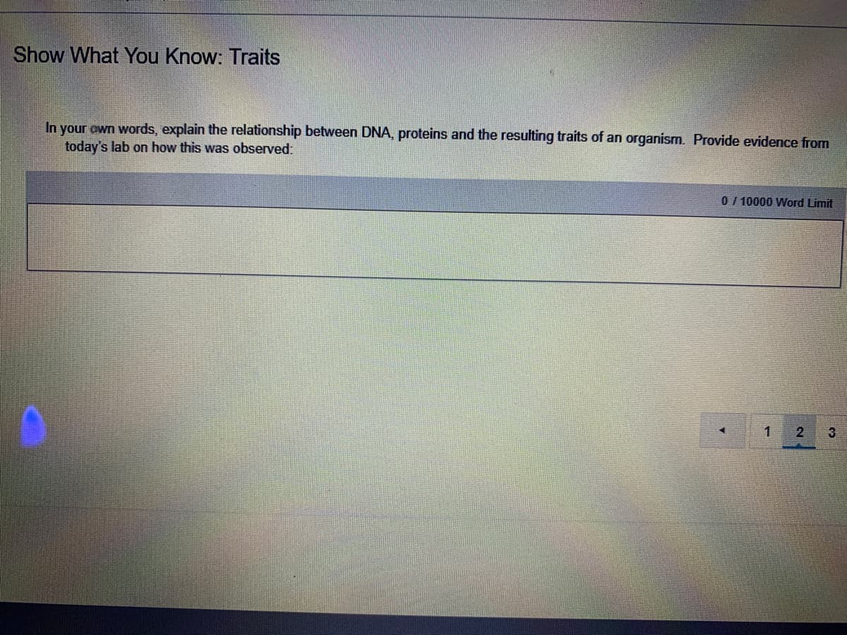 Show What You Know: Traits
In your own words, explain the relationship between DNA, proteins and the resulting traits of an organism. Provide evidence from
today's lab on how this was observed:
0/10000 Word Limit
3
