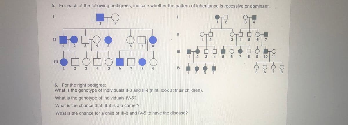 5. For each of the following pedigrees, indicate whether the pattern of inheritance is recessive or dominant.
4
II
4 5
7
3
1
3
4
5 6
7 8
9.
10 11
III
91
IV
1
2
4
6. For the right pedigree:
What is the genotype of individuals Il-3 and II-4 (hint, look at their children).
What is the genotype of individuals IV-5?
What is the chance that II-8 is a a carrier?
What is the chance for a child of II-8 and IV-5 to have the disease?
3.
3,
2.
3.
2.

