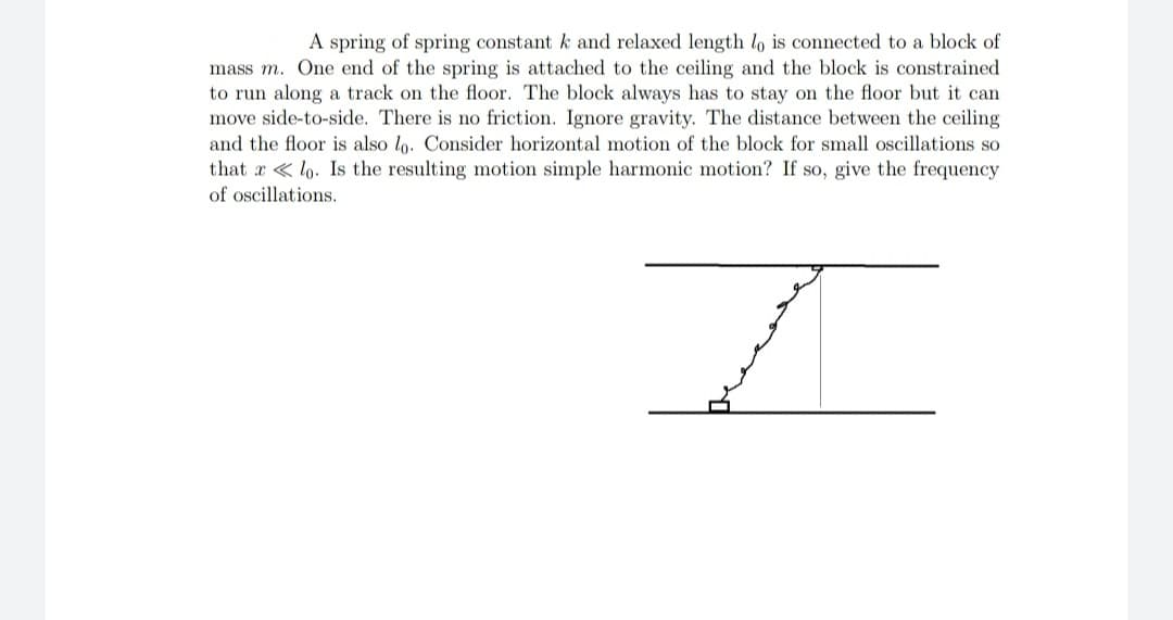 A spring of spring constant k and relaxed length lo is connected to a block of
mass m. One end of the spring is attached to the ceiling and the block is constrained
to run along a track on the floor. The block always has to stay on the floor but it can
move side-to-side. There is no friction. Ignore gravity. The distance between the ceiling
and the floor is also lo. Consider horizontal motion of the block for small oscillations so
that r < lo. Is the resulting motion simple harmonic motion? If so, give the frequency
of oscillations.
