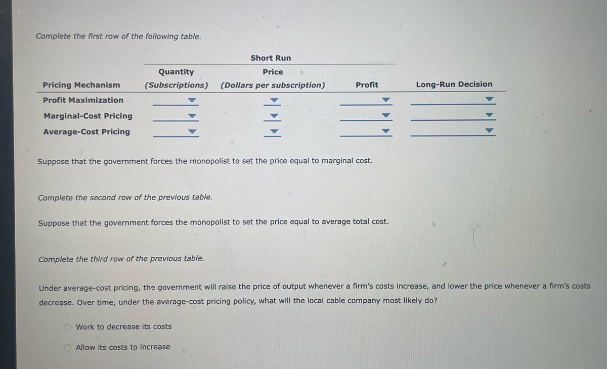 Complete the first row of the following table.
Short Run
Price
Quantity
(Subscriptions) (Dollars per subscription)
Profit
Long-Run Decision
Pricing Mechanism
Profit Maximization
Marginal-Cost Pricing
Average-Cost Pricing
Suppose that the government forces the monopolist to set the price equal to marginal cost.
Complete the second row of the previous table.
Suppose that the government forces the monopolist to set the price equal to average total cost.
Complete the third row of the previous table.
Under average-cost pricing, the government will raise the price of output whenever a firm's costs increase, and lower the price whenever a firm's costs
decrease. Over time, under the average-cost pricing policy, what will the local cable company most likely do?
O Work to decrease its costs
Allow its costs to increase