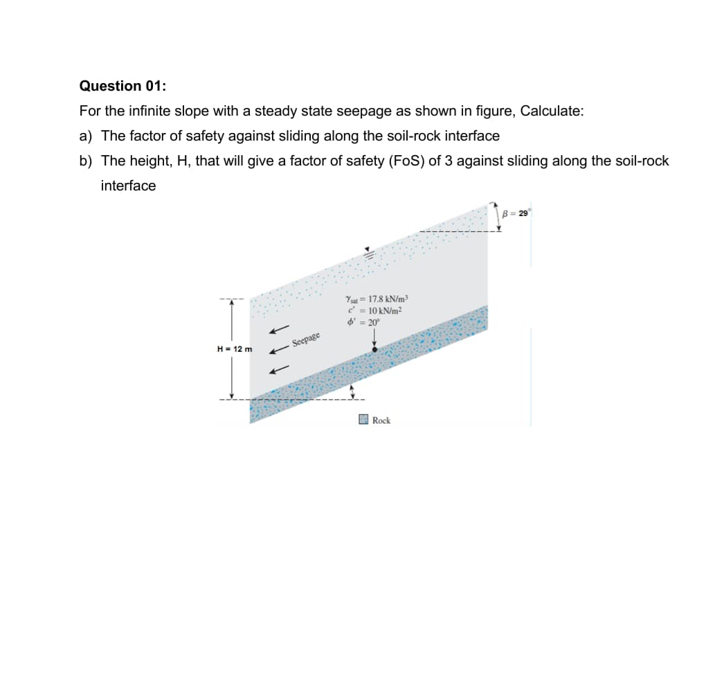 Question 01:
For the infinite slope with a steady state seepage as shown in figure, Calculate:
a) The factor of safety against sliding along the soil-rock interface
b) The height, H, that will give a factor of safety (FoS) of 3 against sliding along the soil-rock
interface
B =
Ysat = 17.8 kN/m³
c' = 10 kN/m2
d' = 20°
H= 12 m
Seepage
Rock

