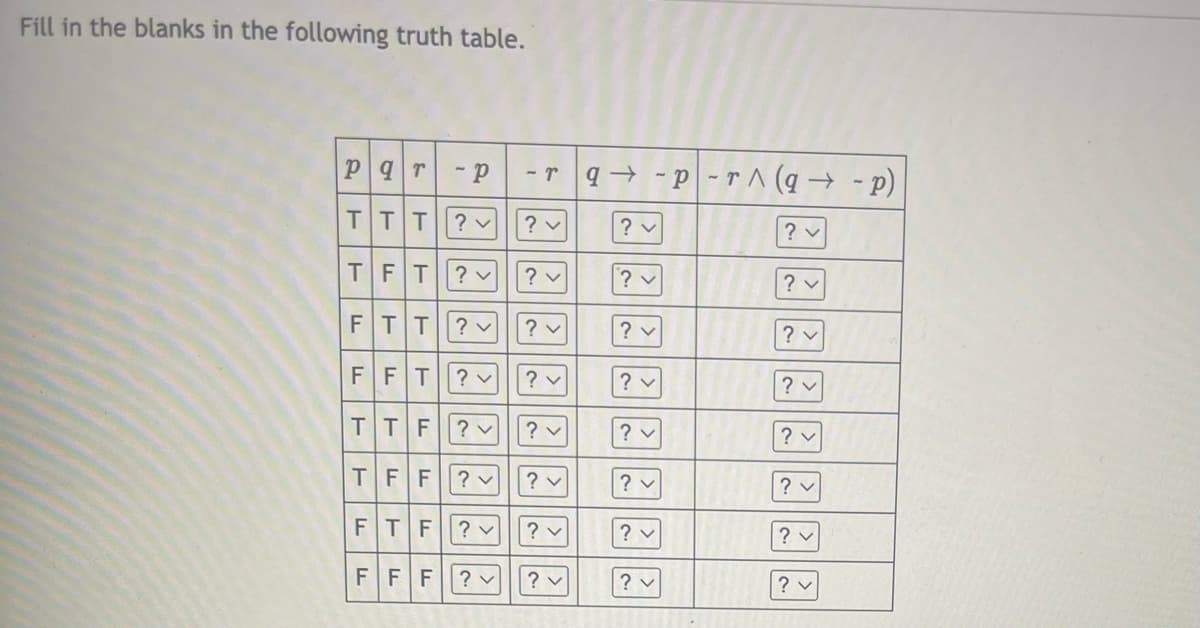 Fill in the blanks in the following truth table.
q → - p -r ^ (q → -p)
TTT
? v
? v
?く
TFT
? v
? v
FTT?v
? v
? v
FFT
? v
? v
? v
? v
TTF?
? v
? v
TFF
? v
? v
? v
? v
FTF?v
? v
? v
FFF?| ?
? v
? v
ににに
