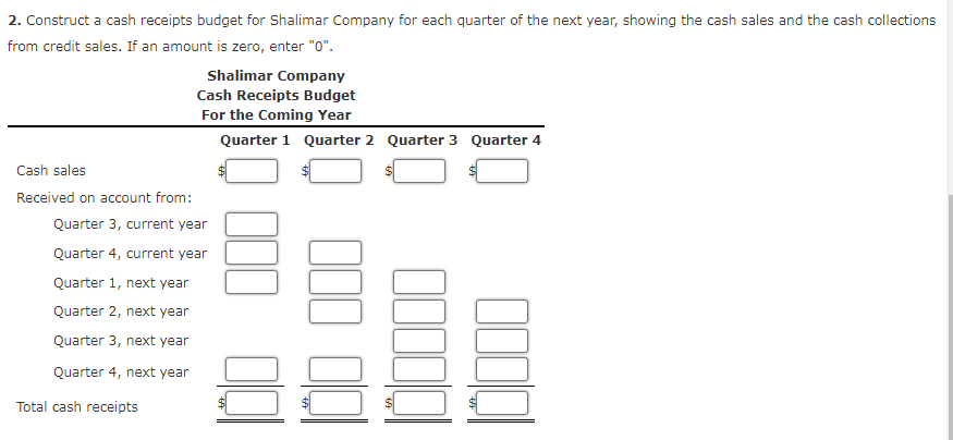 2. Construct a cash receipts budget for Shalimar Company for each quarter of the next year, showing the cash sales and the cash collections
from credit sales. If an amount is zero, enter "0".
Shalimar Company
Cash Receipts Budget
For the Coming Year
Quarter 1 Quarter 2 Quarter 3 Quarter 4
Cash sales
Received on account from:
Quarter 3, current year
Quarter 4, current year
Quarter 1, next year
Quarter 2, next year
Quarter 3, next year
Quarter 4, next year
Total cash receipts
