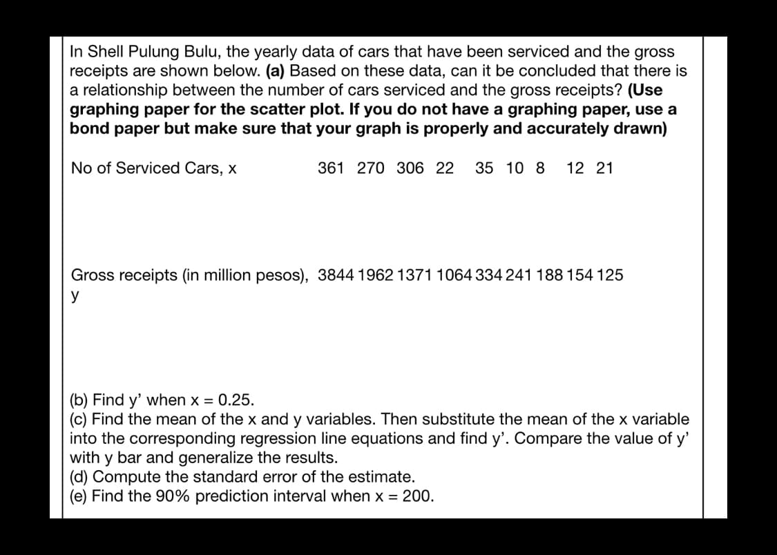 In Shell Pulung Bulu, the yearly data of cars that have been serviced and the gross
receipts are shown below. (a) Based on these data, can it be concluded that there is
a relationship between the number of cars serviced and the gross receipts? (Use
graphing paper for the scatter plot. If you do not have a graphing paper, use a
bond paper but make sure that your graph is properly and accurately drawn)
No of Serviced Cars, x
361 270 306 22
35 10 8
12 21
Gross receipts (in million pesos), 3844 1962 1371 1064 334 241 188 154 125
y
(b) Find y' when x = 0.25.
(c) Find the mean of the x and y variables. Then substitute the mean of the x variable
into the corresponding regression line equations and find y'. Compare the value of y'
with y bar and generalize the results.
(d) Compute the standard error of the estimate.
(e) Find the 90% prediction interval when x = 200.
