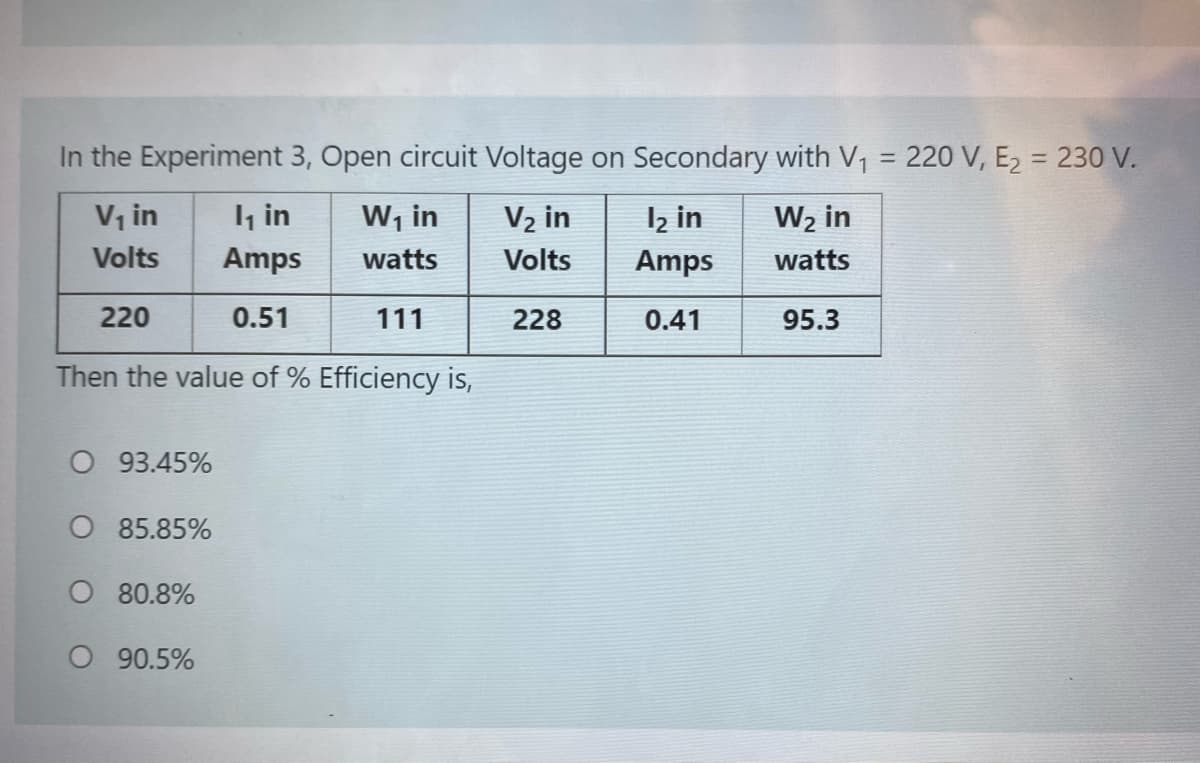 In the Experiment 3, Open circuit Voltage on Secondary with V, = 220 V, E2 = 230 V.
%3D
%3D
V, in
I in
W, in
V2 in
I2 in
W2 in
Volts
Amps
watts
Volts
Amps
watts
220
0.51
111
228
0.41
95.3
Then the value of % Efficiency is,
3.45%
O 85.85%
O 80.8%
O 90.5%
