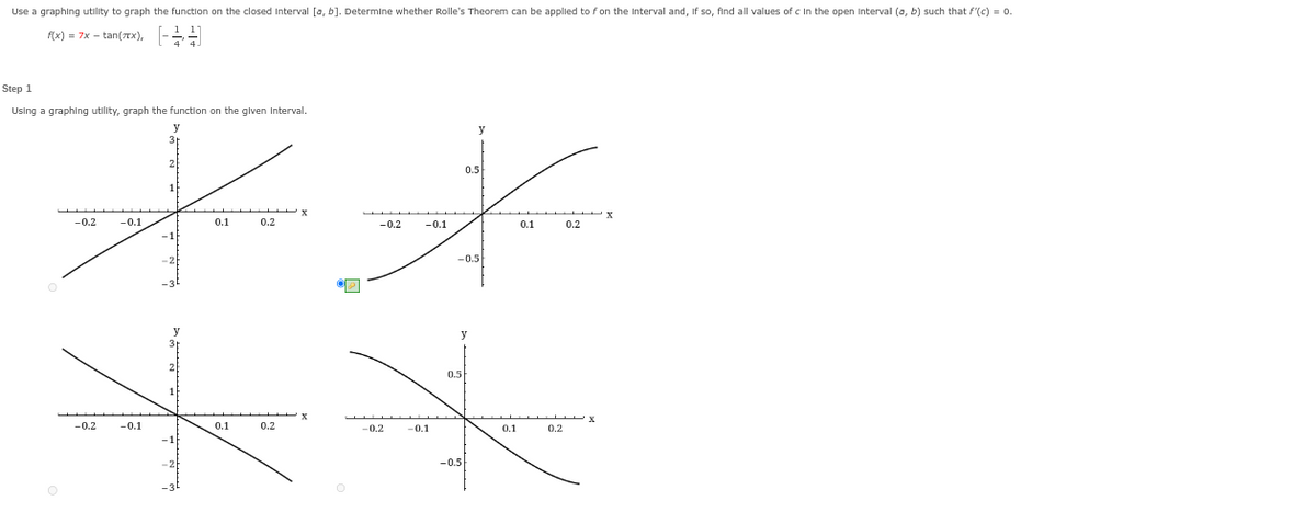 Use a graphing utility to graph the function on the closed Interval [a, b]. Determine whether Rolle's Theorem can be applied to f on the Interval and, If so, find all values of c In the open Interval (a, b) such that f'(c) = 0.
f(x) = 7x - tan(x),
Step 1
Using a graphing utility, graph the function on the given Interval.
-0.2
-0.1
ا
-0.2
-0.1
0.1
0.1
0.2
0.2
ہ
OP
-0.2
-0.1
-0.1
-0.5
0.5
0.5
-0.5
0.1
0.1
0.2
0.2