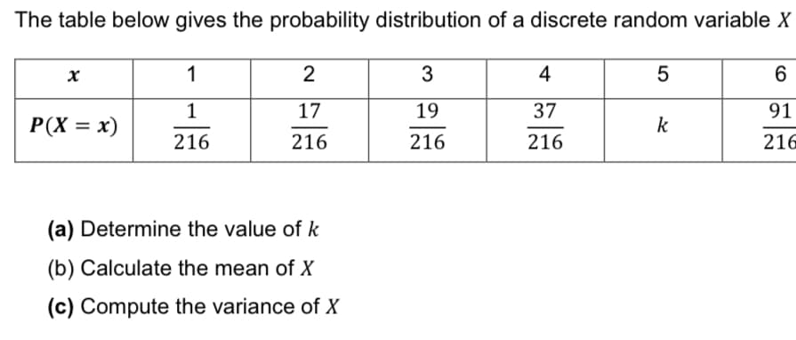 The table below gives the probability distribution of a discrete random variable X
1
3
4
6.
1
17
19
37
91
P(X = x)
k
216
216
216
216
216
(a) Determine the value of k
(b) Calculate the mean of X
(c) Compute the variance of X
