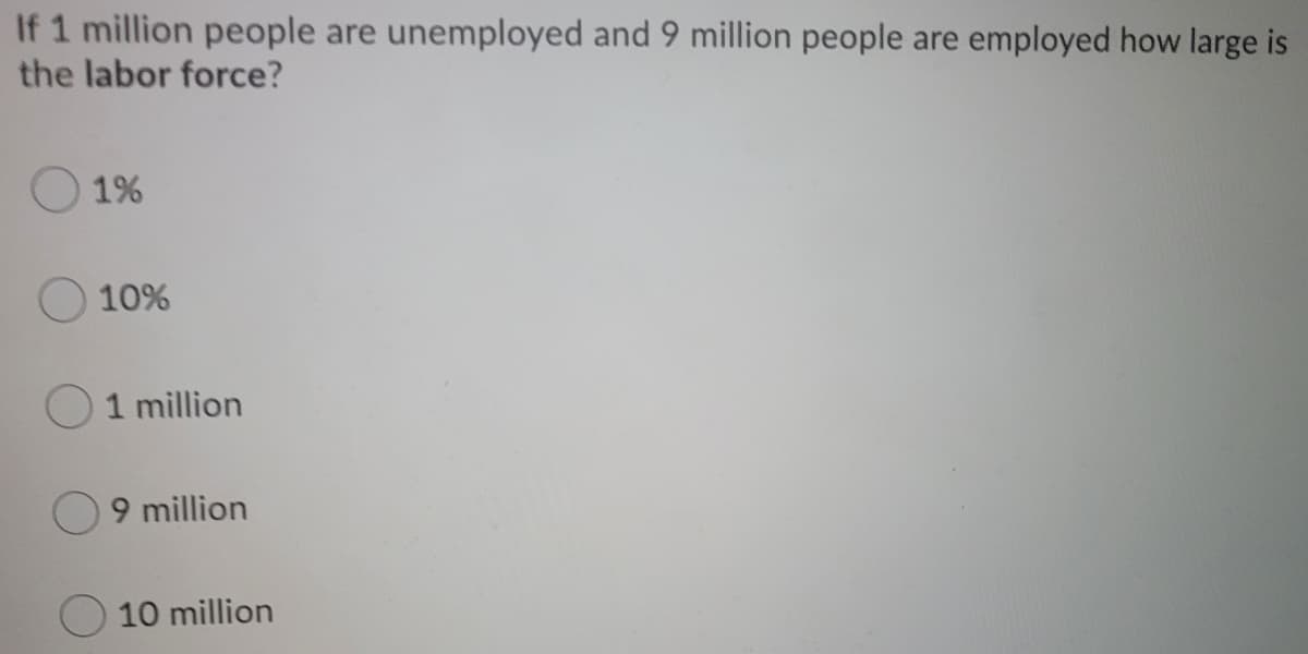If 1 million people are unemployed and 9 million people are employed how large is
the labor force?
1%
10%
1 million
9 million
10 million
