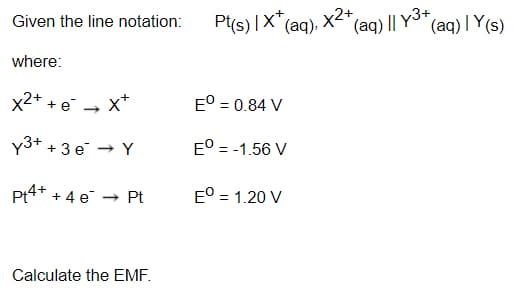 Pt(s) |X* (aq), X2* (ag) || Y3+
Pt(s) |X' (aq).
|x*
Given the line notation:
(aq) | Y(s)
where:
x2+ .
x*
E° = 0.84 V
+ e -
y3+ + 3 e → Y
E° = -1.56 V
Pt4+ + 4 e → Pt
E° = 1.20 V
Calculate the EMF.
