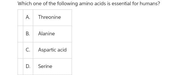 Which one of the following amino acids is essential for humans?
A. Threonine
B.
Alanine
C.
Aspartic acid
D. Serine