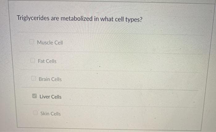 Triglycerides are metabolized in what cell types?
O Muscle Cell
Fat Cells
Brain Cells
Liver Cells
O Skin Cells
