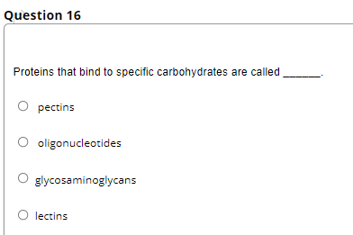 Question 16
Proteins that bind to specific carbohydrates are called
O pectins
O oligonucleotides
glycosaminoglycans
O lectins
