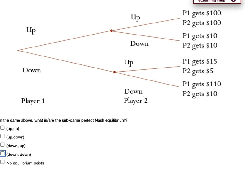 Up
Down
Player 1
in the game above, what is/are the sub-game perfect Nash equilibrium?
(up,up)
(up,down)
(down, up)
(down, down)
No equilibrium exists
Up
Down
Up
Down
Player 2
P1 gets $100
P2 gets $100
P1 gets $10
P2 gets $10
P1 gets $15
P2 gets $5
P1 gets $110
P2 gets $10