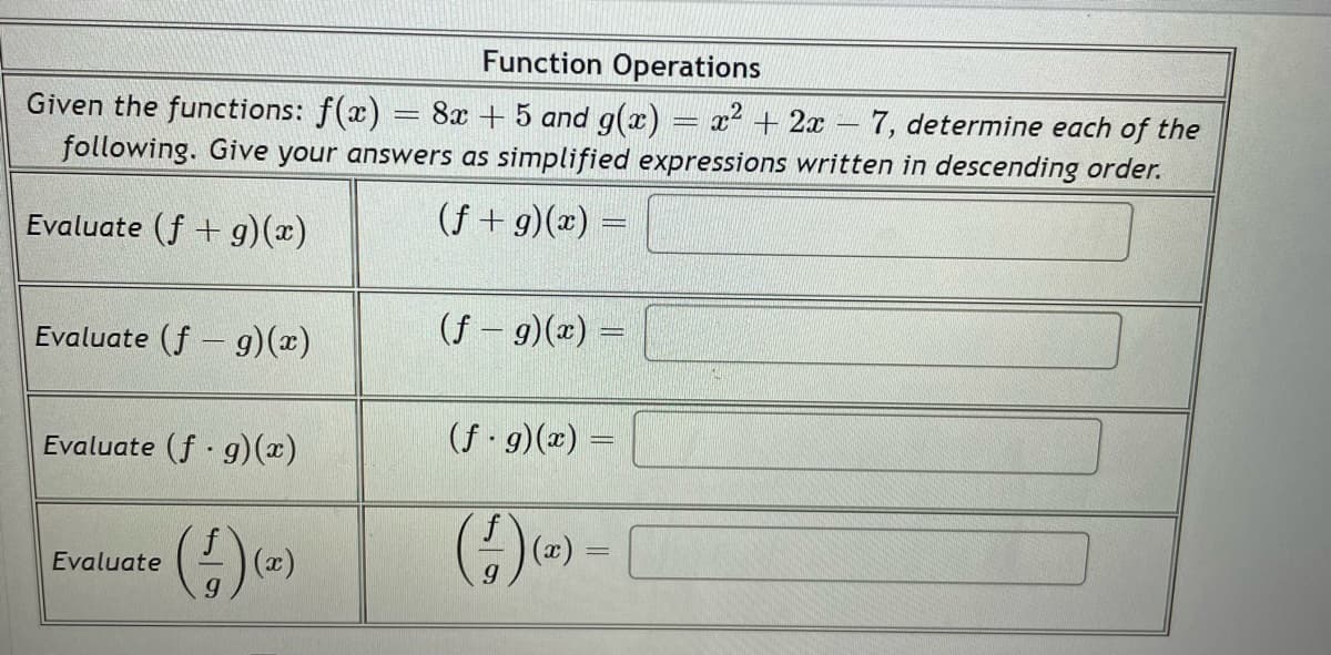 Function Operations
Given the functions: f(x)
8x + 5 and g(æ) = x² + 2x
following. Give your answers as simplified expressions written in descending order.
7, determine each of the
Evaluate (f + g)(x)
(f + g)(x) =
Evaluate (f – g)(x)
(f – 9)(x)
Evaluate (f g)(x)
(f 9)(x) =
(x)
Evaluate
(x)
