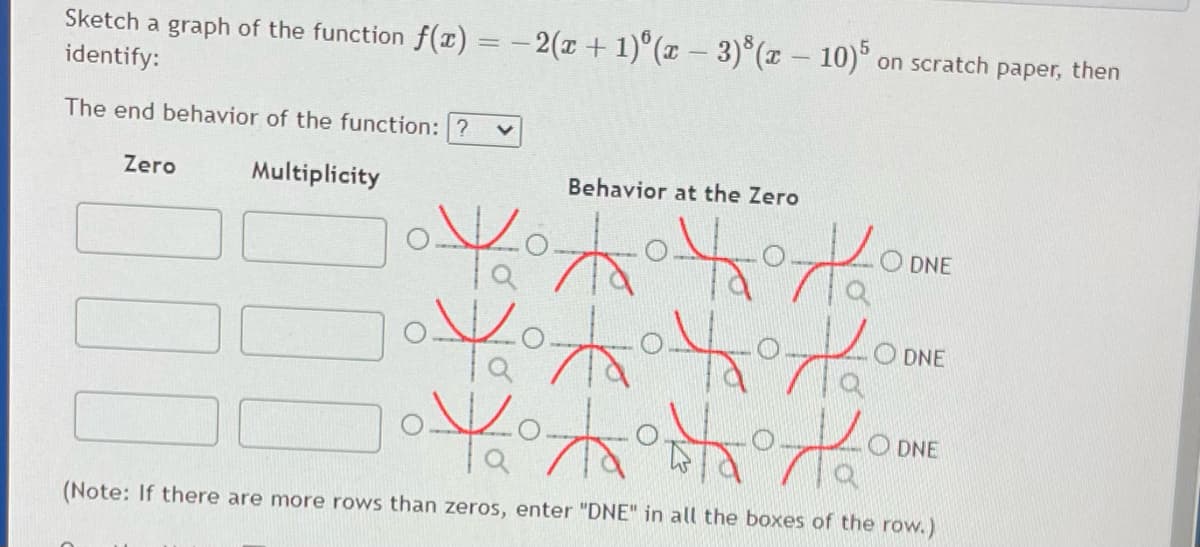 Sketch a graph of the function f(x) = - 2(x + 1)°(x 3) (x - 10)° on scratch paper, then
identify:
The end behavior of the function: ?
Zero
Multiplicity
Behavior at the Zero
ホ 。
O DNE
O DNE
DNE
(Note: If there are more rows than zeros, enter "DNE" in all the boxes of the row.)
