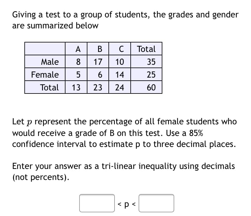 Giving a test to a group of students, the grades and gender
are summarized below
A
В
C
Total
Male
8 17
10
35
Female
5
6
14
25
Total
13
23
24
60
Let p represent the percentage of all female students who
would receive a grade of B on this test. Use a 85%
confidence interval to estimate p to three decimal places.
Enter your answer as a tri-linear inequality using decimals
(not percents).
