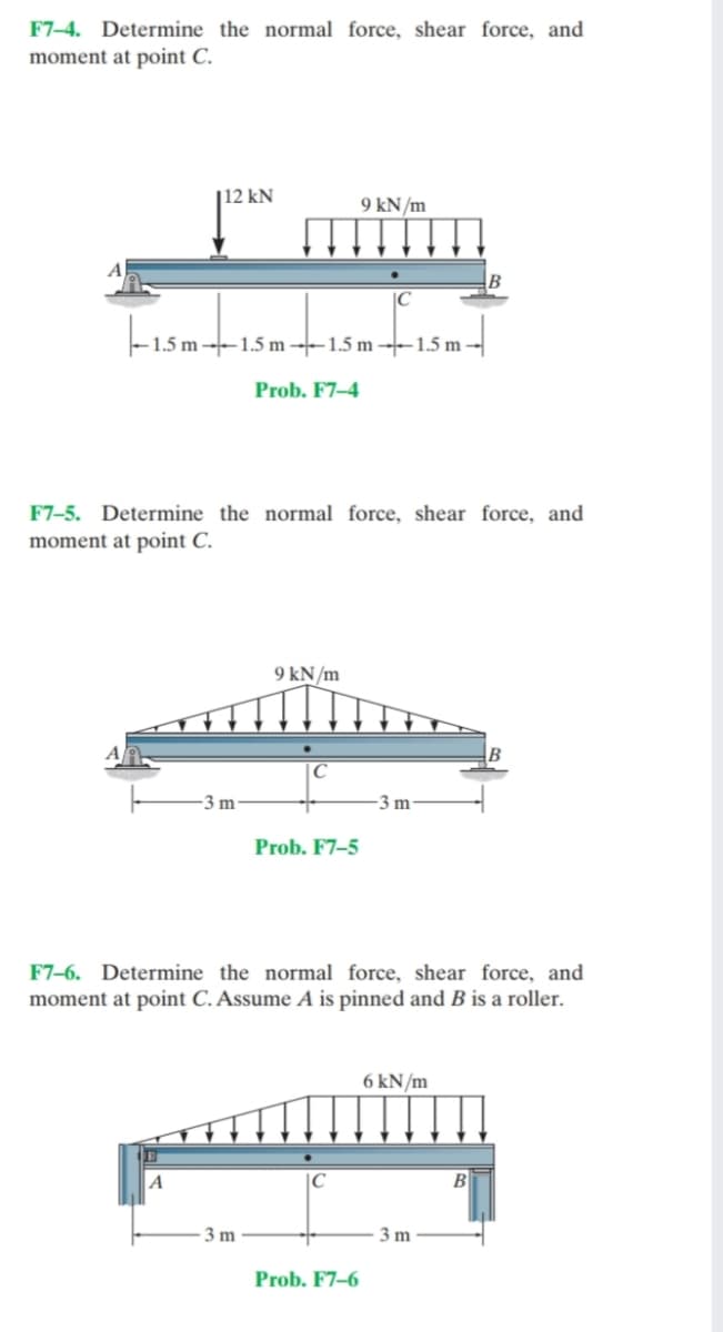 F7–4. Determine the normal force, shear force, and
moment at point C.
|12 kN
9 kN/m
|C
Fismt
1.5 m --1.5 m –1.5 m –-– 1.5 m –
Prob. F7–4
F7-5. Determine the normal for
shear force, and
moment at point C.
9 kN/m
3 m
3 m
Prob. F7–5
F7-6. Determine the normal force, shear force, and
moment at point C. Assume A is pinned and B is a roller.
6 kN/m
|C
B
3 m
3 m
Prob. F7–6
