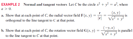 EXAMPLE 2 Normal and tangent vectors Let C be the circle x? + y? = a², where
a > 0.
(х, у)
is
a. Show that at each point of C, the radial vector field F (x, y)
orthogonal to the line tangent to C'at that point.
%3D
|r|
V? + y²
(-у,х)
V + y?
b. Show that at each point of C, the rotation vector field G(x, y)
is paralel
to the line tangent to C at that point.
