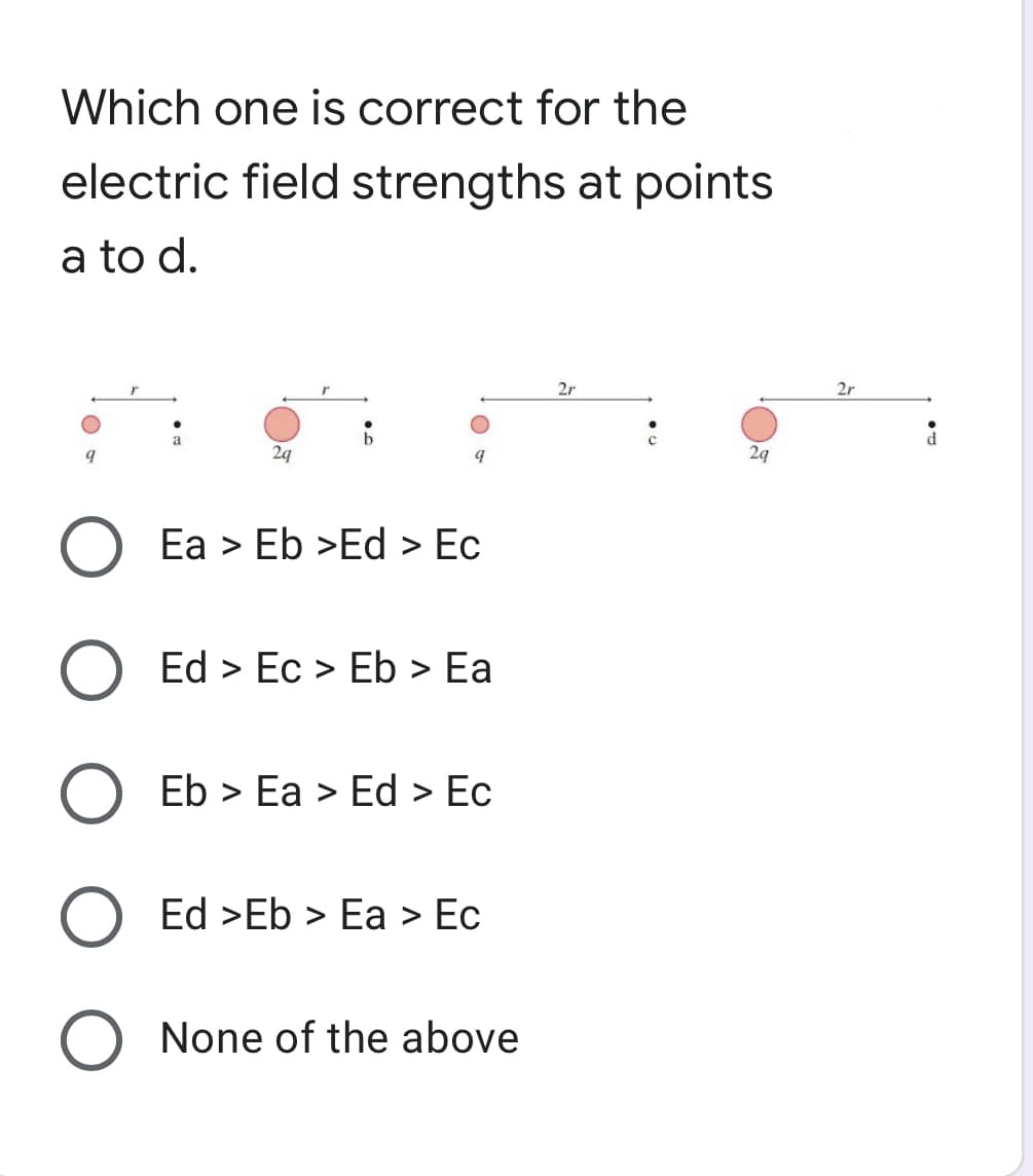 Which one is correct for the
electric field strengths at points
a to d.
2r
2r
29
29
Ea > Eb >Ed > Ec
Ed > Ec > Eb > Ea
Eb > Ea > Ed > Ec
Ed >Eb > Ea > Ec
O None of the above
