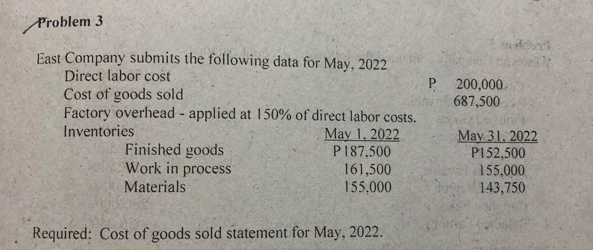Problem 3
East Company submits the following data for May, 2022
Direct labor cost
Cost of goods sold
Factory overhead - applied at 150% of direct labor costs.
Inventories
May 1, 2022
P187,500
Finished goods
Work in process
Materials
161,500
155.000
Required: Cost of goods sold statement for May, 2022.
P
200,000
687,500
May 31, 2022
P152,500
155.000
143,750