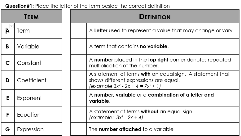 Question#1: Place the letter of the term beside the correct definition
TERM
DEFINITION
A Term
A Letter used to represent a value that may change or vary.
В
Variable
A term that contains no variable.
A number placed in the top right corner denotes repeated
multiplication of the number.
Constant
A statement of terms with an equal sign. A statement that
shows different expressions are equal.
(example 3x? - 2x + 4 = 7x² + 1)
D
Coefficient
A number, variable or a combination of a letter and
Е Exponent
variable.
A statement of terms without an equal sign
(example: 3x? - 2x + 4)
F
Equation
G
Expression
The number attached to a variable
