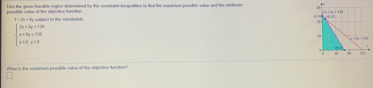 Use the given feasible region determined by the constraint inequalities to find the maximum possible value and the minimum
possible value of the objective function.
Ay
30-
2x+5y 130
(0,24) (10,22)
f= 2x + 9y subject to the constraints
20-
2x +5y s 130
x + 5y s 120
10-
X+5y 120
x20, y 2 0
(85,0)
0.
40
80
120
What is the maximum possible value of the objective function?
