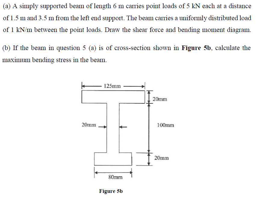 (a) A simply supported beam of length 6 m carries point loads of 5 kN each at a distance
of 1.5 m and 3.5 m from the left end support. The beam carries a uniformly distributed load
of 1 kN/m between the point loads. Draw the shear force and bending moment diagram.
