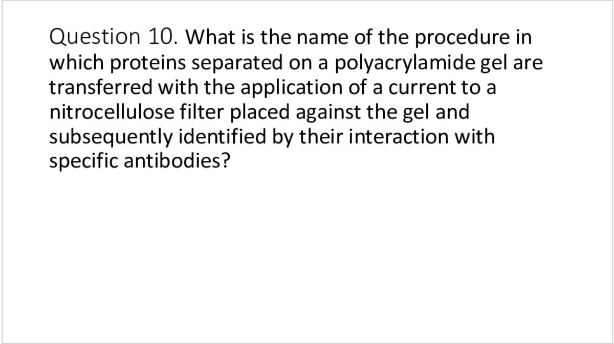 Question 10. What is the name of the procedure in
which proteins separated on a polyacrylamide gel are
transferred with the application of a current to a
nitrocellulose filter placed against the gel and
subsequently identified by their interaction with
specific antibodies?
