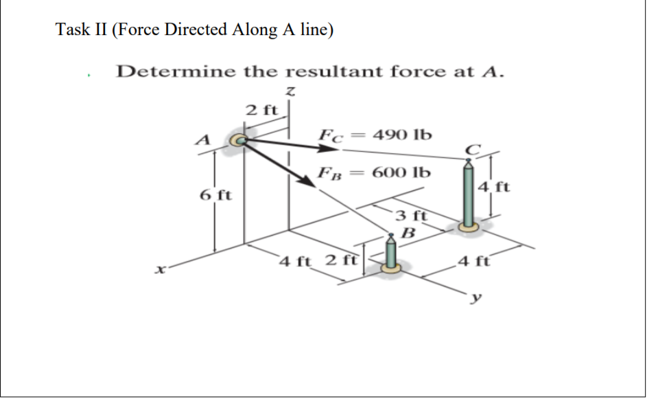 Determine the resultant force at A.
2 ft
Fc= 490 lb
FB
600 lb
|4 ft
6 ft
3 ft
B
`4 ft 2 ft
4 ft
