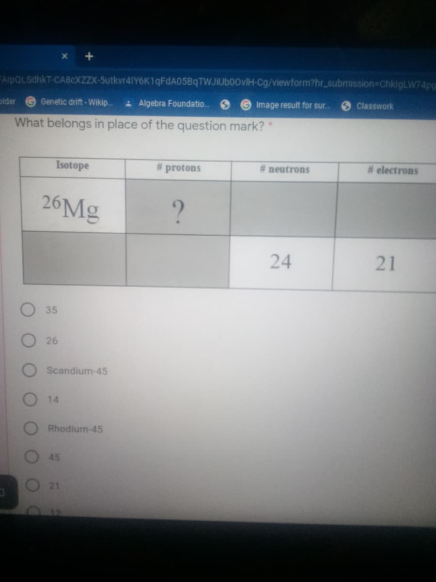 FAlpQLSdhkT-CA8CXZZX-5utkvr4IY6K1qFdA05BqTWJIUboovIH-Cg/viewform?hr_submission-ChkigLW74pg
plder
Genetic drift - Wikip.
A Algebra Foundatio..
Image result for sur..
Classwork
What belongs in place of the question mark? *
Isotope
#3
protons
# neutrons
# electrons
26Mg
?
24
21
35
26
Scandium-45
14
Rhodium-45
45
21
