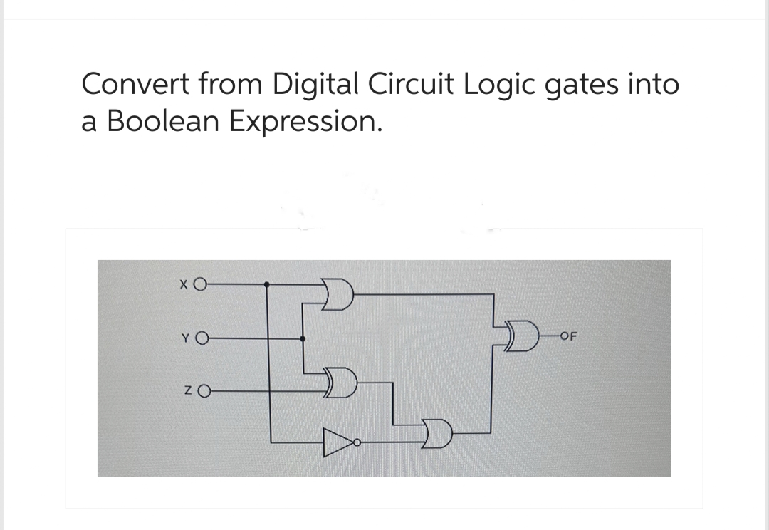 Convert from Digital Circuit Logic gates into
a Boolean Expression.
хо
YO
ZO
-OF