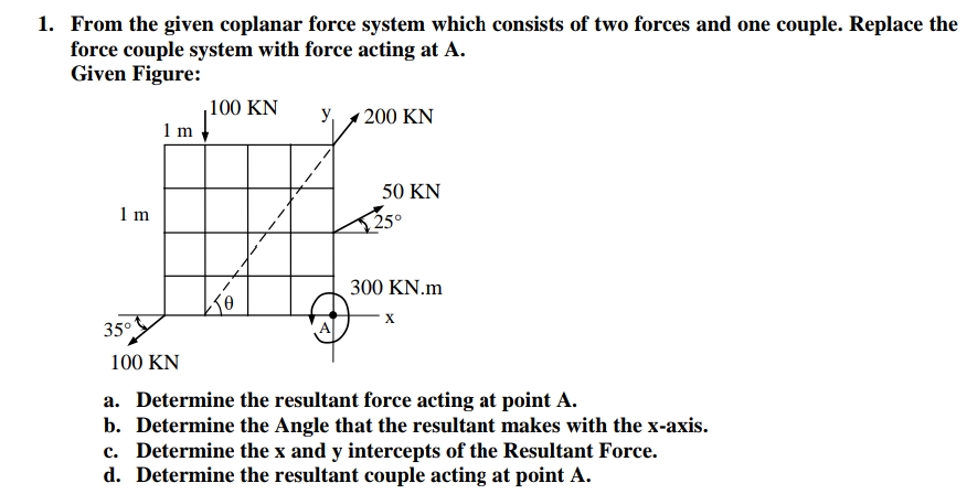 1. From the given coplanar force system which consists of two forces and one couple. Replace the
force couple system with force acting at A.
Given Figure:
100 KN
1 m
200 KN
50 KN
1 m
300 KN.m
35°
100 KN
a. Determine the resultant force acting at point A.
b. Determine the Angle that the resultant makes with the x-axis.
c. Determine the x and y intercepts of the Resultant Force.
d. Determine the resultant couple acting at point A.
