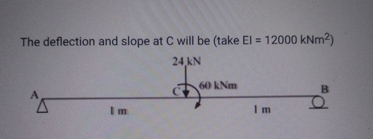 The deflection and slope at C will be (take El = 12000 kNm²)
24 kN
A
Im
7
60 kNm
1 m
B
d