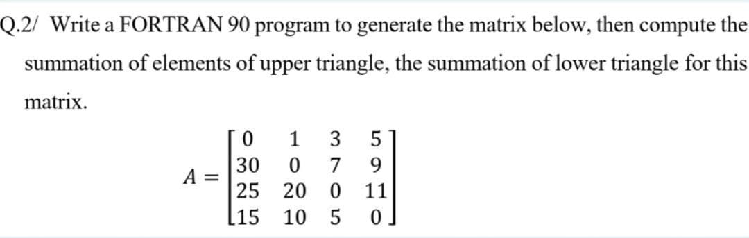 Q.2/ Write a FORTRAN 90 program to generate the matrix below, then compute the
summation of elements of upper triangle, the summation of lower triangle for this
matrix.
[0
1
3
5
30
7
9.
A =
25 20 0 11
[15
10 5
