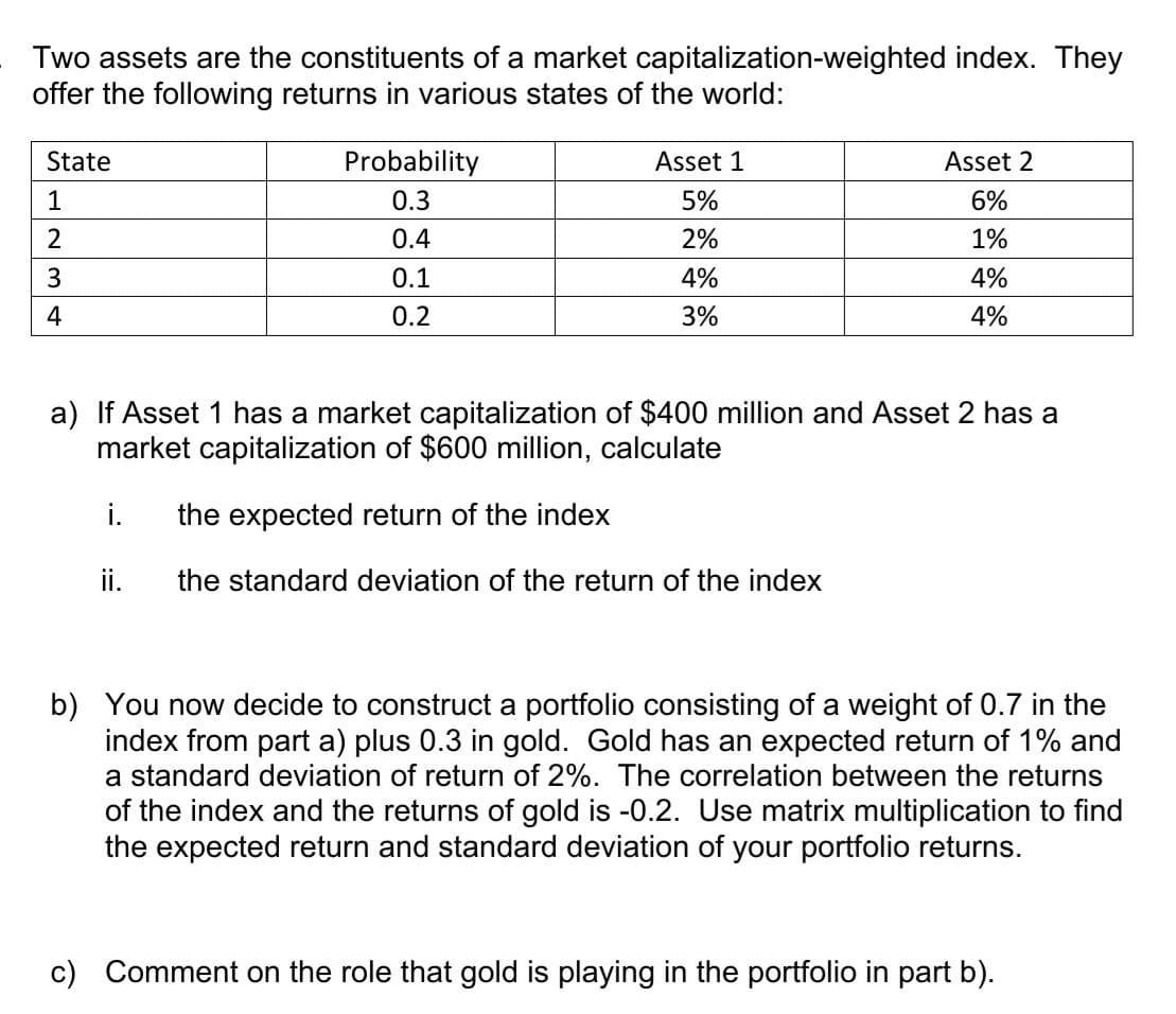 Two assets are the constituents of a market capitalization-weighted index. They
offer the following returns in various states of the world:
State
1
2
3
4
Probability
0.3
0.4
0.1
0.2
i.
Asset 1
5%
2%
4%
3%
Asset 2
6%
1%
4%
4%
a) If Asset 1 has a market capitalization of $400 million and Asset 2 has a
market capitalization of $600 million, calculate
the expected return of the index
ii. the standard deviation of the return of the index
b) You now decide to construct a portfolio consisting of a weight of 0.7 in the
index from part a) plus 0.3 in gold. Gold has an expected return of 1% and
a standard deviation of return of 2%. The correlation between the returns
of the index and the returns of gold is -0.2. Use matrix multiplication to find
the expected return and standard deviation of your portfolio returns.
c) Comment on the role that gold is playing in the portfolio in part b).