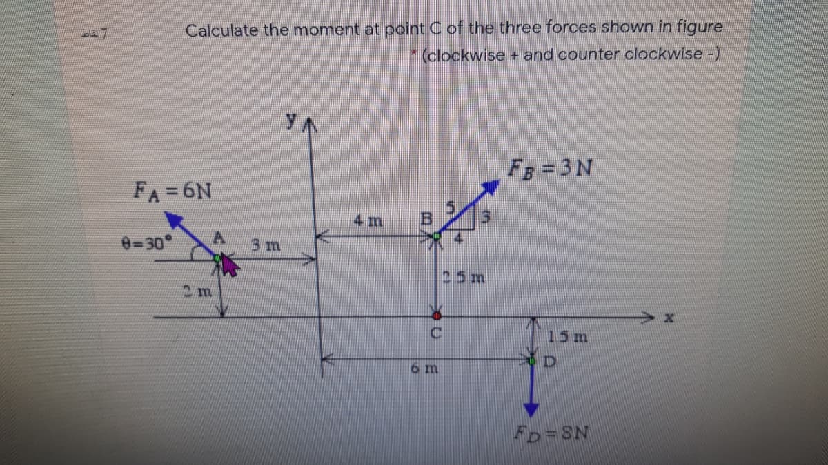 Calculate the moment at point C of the three forces shown in figure
(clockwise + and counter clockwise -)
F = 3N
FA=6N
4 m
0-30°
3 m
25m
15m
6 m
FD =SN
