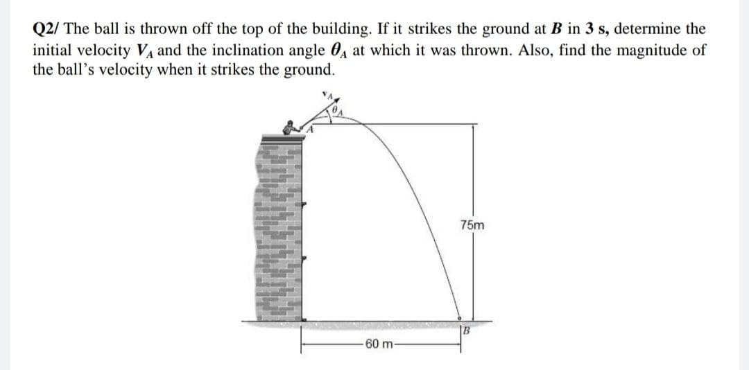 Q2/ The ball is thrown off the top of the building. If it strikes the ground at B in 3 s, determine the
initial velocity VA and the inclination angle 04 at which it was thrown. Also, find the magnitude of
the ball's velocity when it strikes the ground.
75m
IB
60 m
