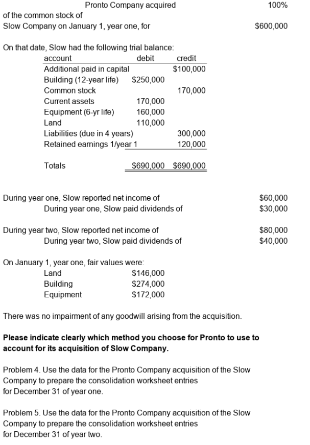 of the common stock of
Slow Company on January 1, year one, for
Pronto Company acquired
On that date, Slow had the following trial balance:
account
debit
Additional paid in capital
Building (12-year life) $250,000
Common stock
Current assets
Equipment (6-yr life)
Totals
Land
Liabilities (due in 4 years)
Retained earnings 1/year 1
170,000
160,000
110,000
During year one, Slow reported net income of
During year two, Slow reported net income of
Building
Equipment
$690,000 $690,000
credit
$100,000
During year one, Slow paid dividends of
On January 1, year one, fair values were:
Land
170,000
300,000
120,000
During year two, Slow paid dividends of
$146,000
$274,000
$172,000
Problem 4. Use the data for the Pronto Company acquisition of the Slow
Company to prepare the consolidation worksheet entries
for December 31 of year one.
Problem 5. Use the data for the Pronto Company acquisition of the Slow
Company to prepare the consolidation worksheet entries
for December 31 of year two.
100%
$600,000
There was no impairment of any goodwill arising from the acquisition.
Please indicate clearly which method you choose for Pronto to use to
account for its acquisition of Slow Company.
$60,000
$30,000
$80,000
$40,000