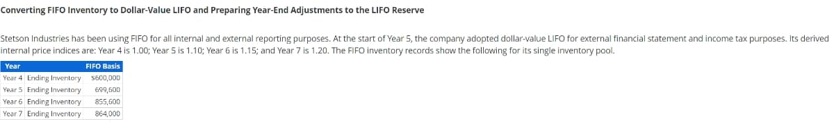 Converting FIFO Inventory to Dollar-Value LIFO and Preparing Year-End Adjustments to the LIFO Reserve
Stetson Industries has been using FIFO for all internal and external reporting purposes. At the start of Year 5, the company adopted dollar-value LIFO for external financial statement and income tax purposes. Its derived
internal price indices are: Year 4 is 1.00; Year 5 is 1.10; Year 6 is 1.15; and Year 7 is 1.20. The FIFO inventory records show the following for its single inventory pool.
FIFO Basis
$600,000
699,600
855,600
864,000
Year
Year 4 Ending Inventory
Year 5 Ending Inventory
Year 6 Ending Inventory
Year 7 Ending Inventory