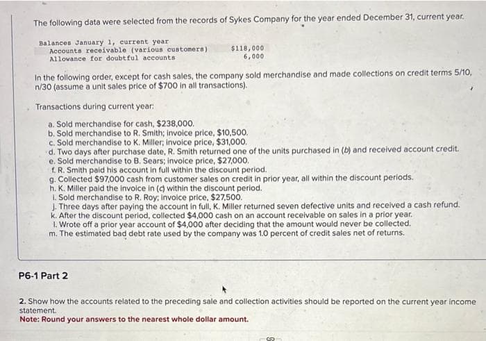 The following data were selected from the records of Sykes Company for the year ended December 31, current year.
Balances January 1, current year
Accounts receivable (various customers)
Allowance for doubtful accounts
$118,000
6,000
In the following order, except for cash sales, the company sold merchandise and made collections on credit terms 5/10,
n/30 (assume a unit sales price of $700 in all transactions).
Transactions during current year:
a. Sold merchandise for cash, $238,000.
b.
Sold merchandise to R. Smith; invoice price, $10,500.
c. Sold merchandise to K. Miller; invoice price, $31,000.
d. Two days after purchase date, R. Smith returned one of the units purchased in (b) and received account credit.
e. Sold merchandise to B. Sears; invoice price, $27,000.
f. R. Smith paid his account in full within the discount period.
g. Collected $97,000 cash from customer sales on credit in prior year, all within the discount periods.
h. K. Miller paid the invoice in (c) within the discount period.
1. Sold merchandise to R. Roy; invoice price, $27,500.
J. Three days after paying the account in full, K. Miller returned seven defective units and received a cash refund.
k. After the discount period, collected $4,000 cash on an account receivable on sales in a prior year.
1. Wrote off a prior year account of $4,000 after deciding that the amount would never be collected.
m. The estimated bad debt rate used by the company was 1.0 percent of credit sales net of returns.
P6-1 Part 2
2. Show how the accounts related to the preceding sale and collection activities should be reported on the current year income
statement.
Note: Round your answers to the nearest whole dollar amount.