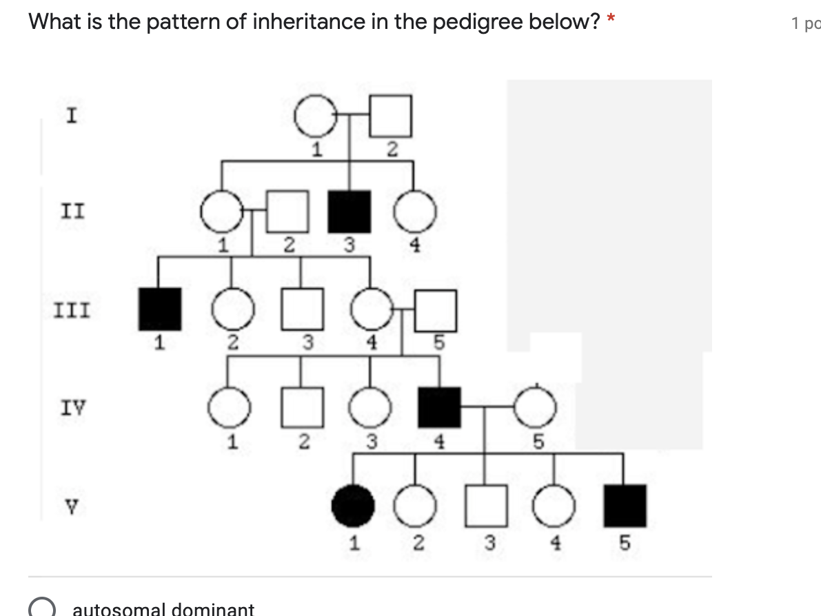 What is the pattern of inheritance in the pedigree below? *
1 pa
I
II
2
3
III
1
2
3
4
5
IV
1 2 3 4
1
2
4
5
autosomal dominant
